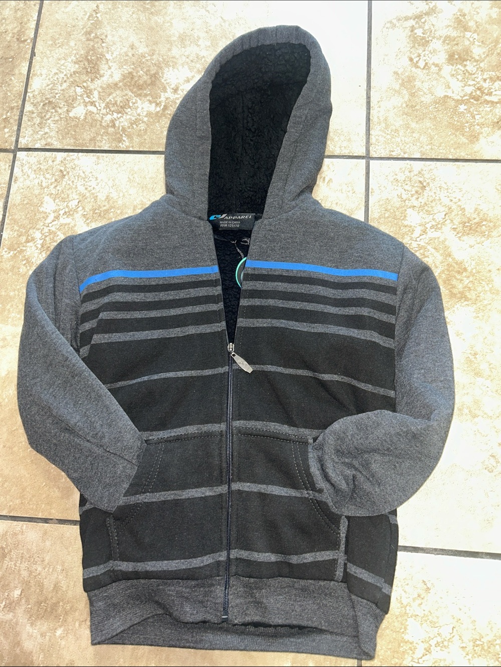 Grey & Black Striped Zip-Up Hoodie with Blue Accent